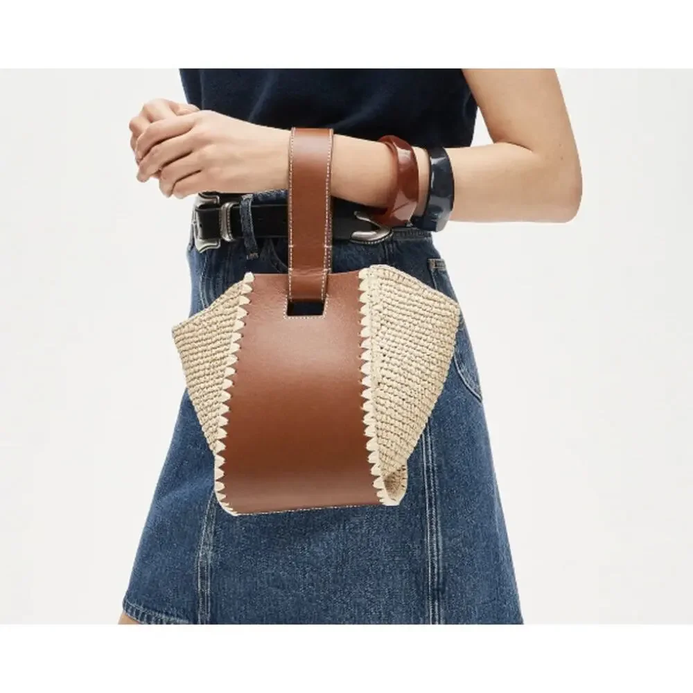 J.Crew Handknotted Straw Leather Top-Handle Bag Woven Summer Purse OS